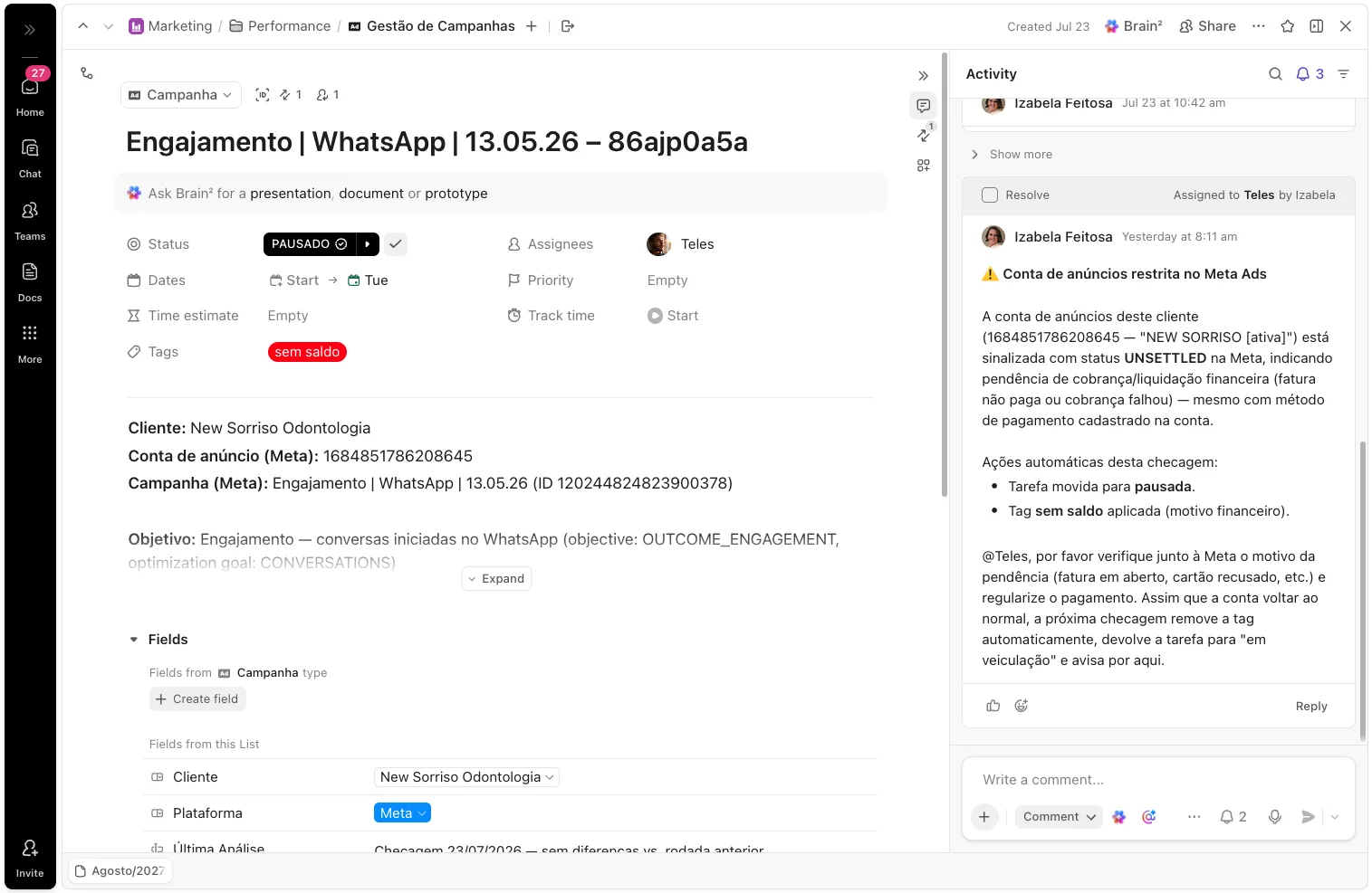 Alerta de campanha sem saldo registrado no ClickUp