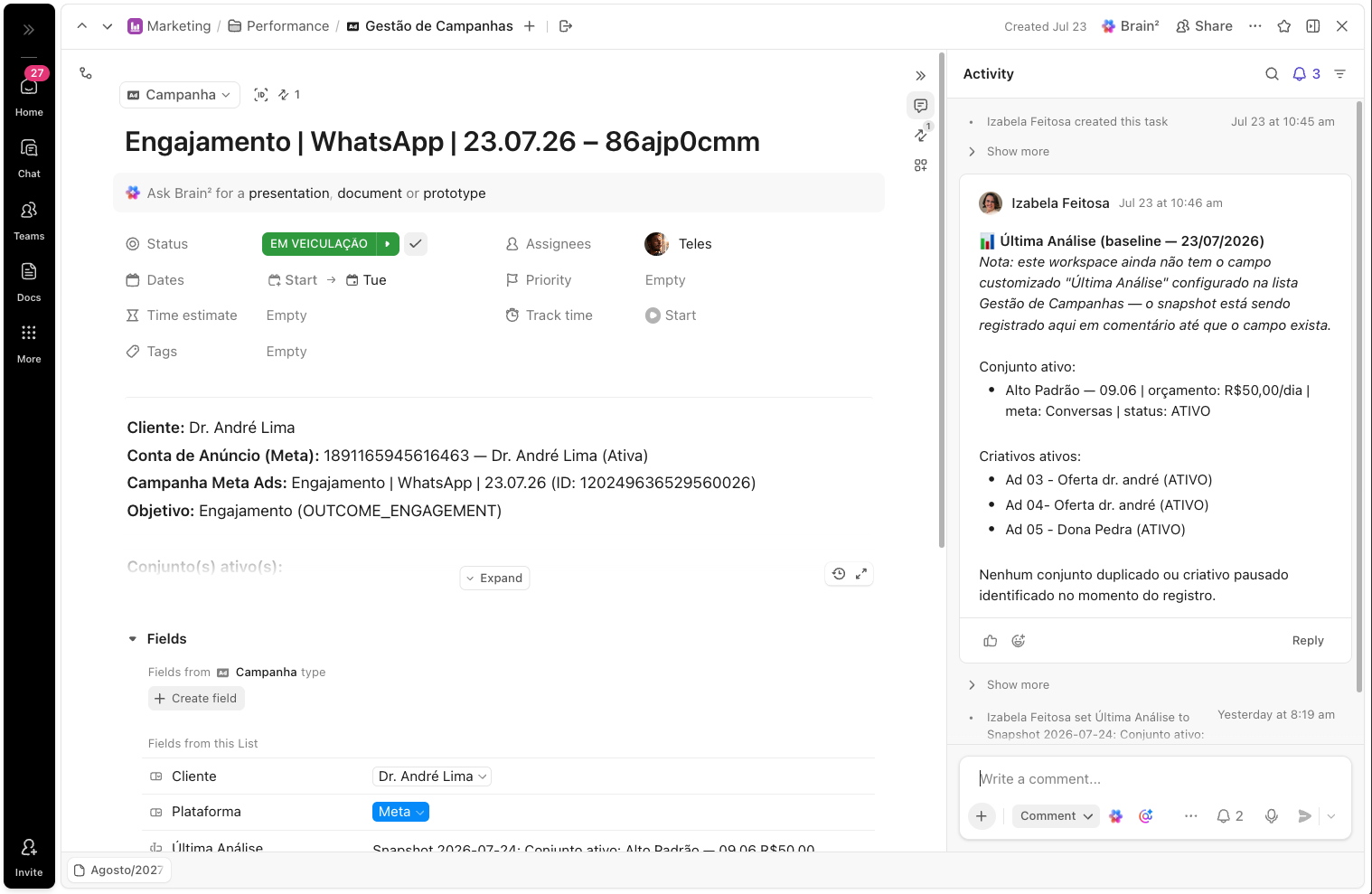Feedback automático da campanha no ClickUp