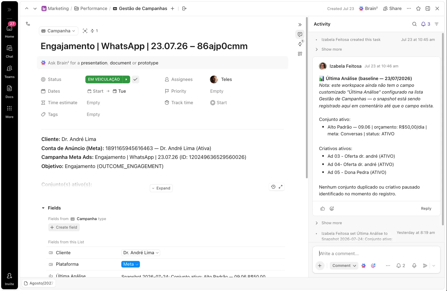 Feedback automático da campanha no ClickUp