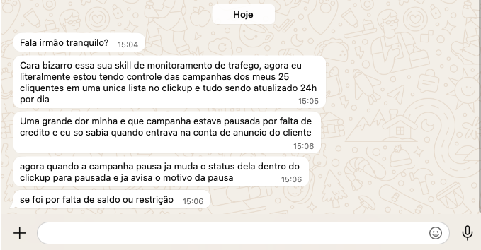 Mensagem sobre controle de campanhas e alertas no ClickUp