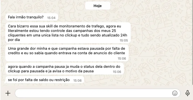 Mensagem sobre controle de campanhas e alertas no ClickUp